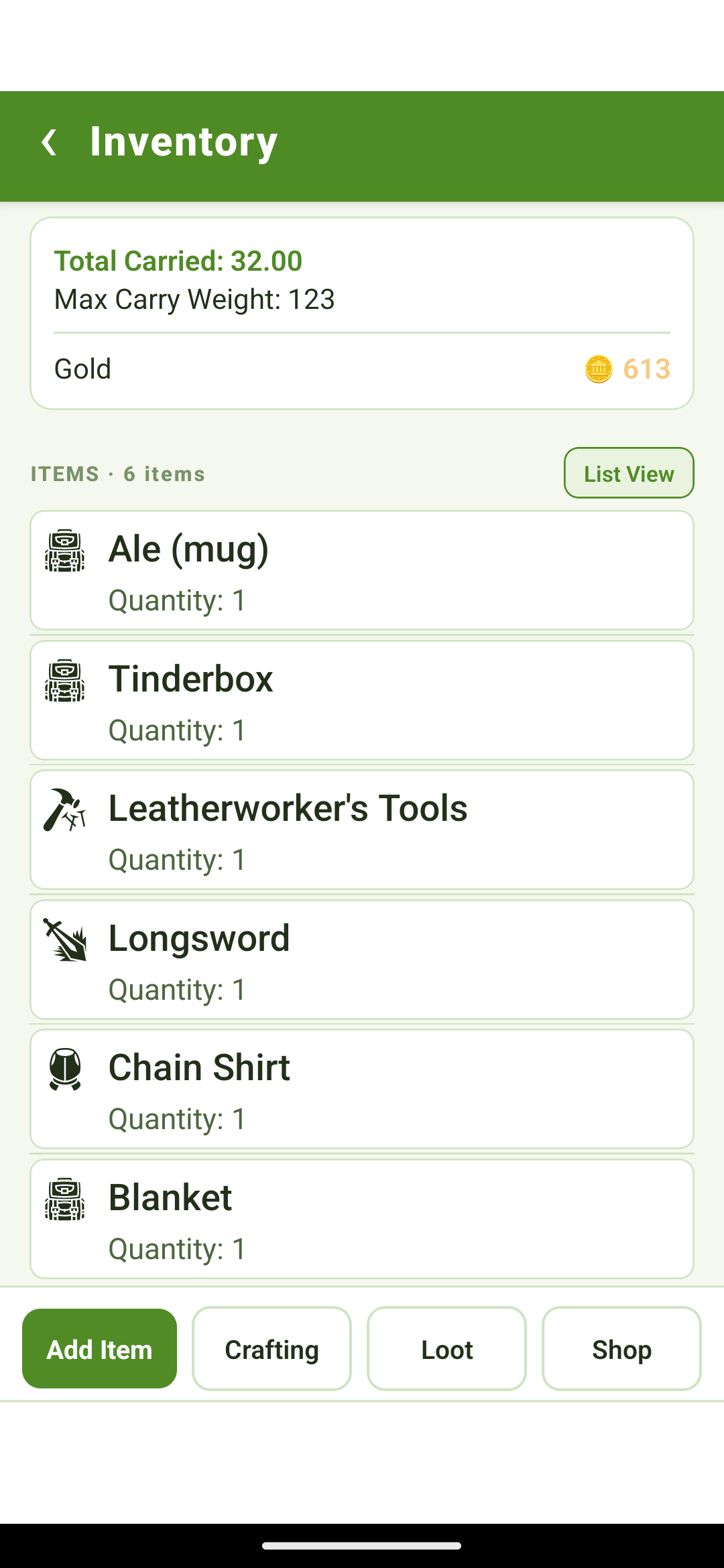 A player's inventory with carry weight and gold