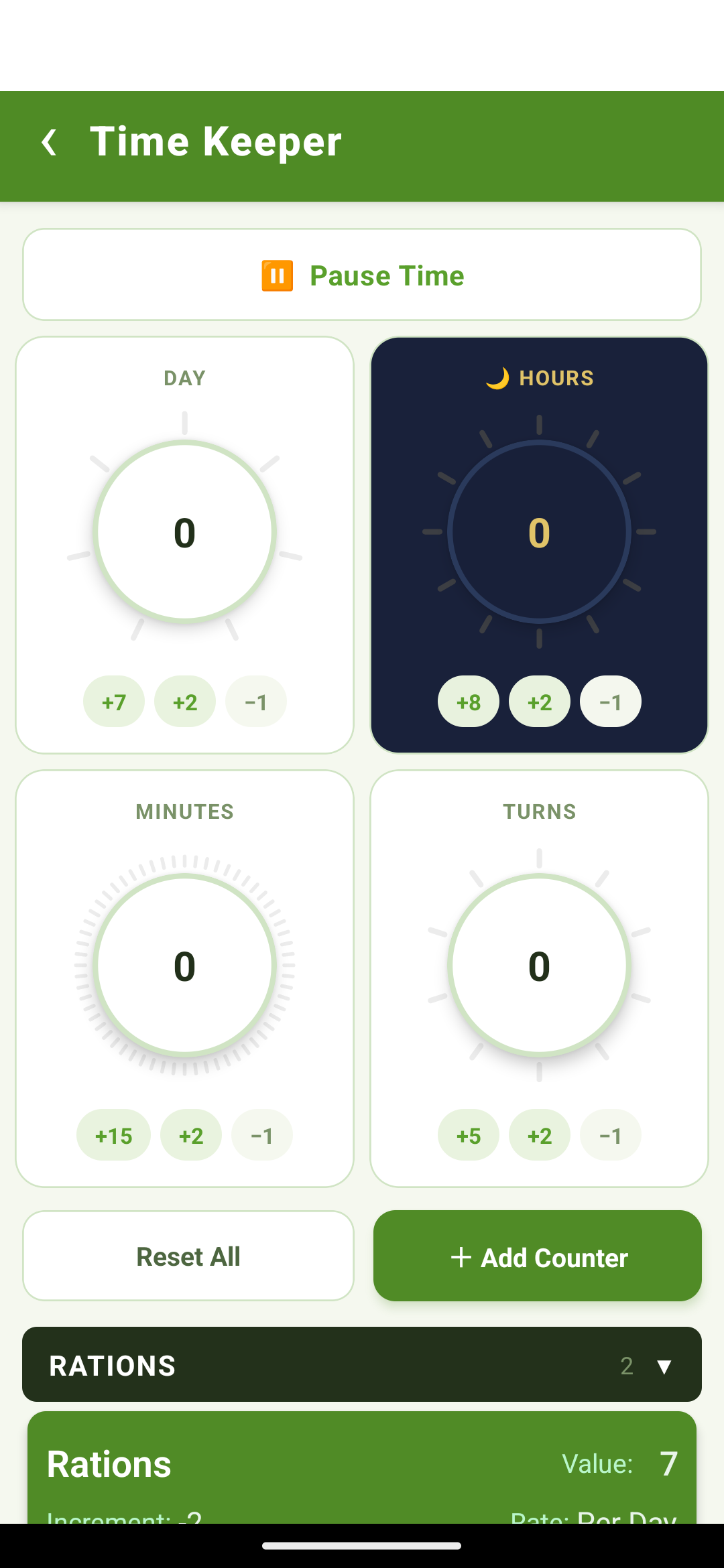 Time Keeper's Day / Hours / Minutes / Turns dials